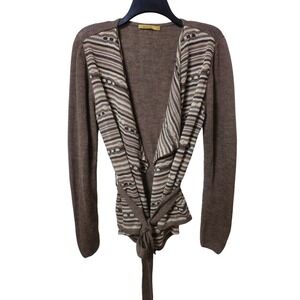Sol Brown Baby Alpaca Silk Blend Striped Open Front‎ Tie Cardigan Sweater Size M